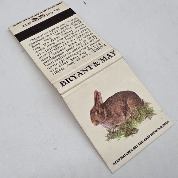 Vintage Bryant & May Wild Animals Of Britain Matchbook Series No. 6 Rabbit - Picture 1 of 5
